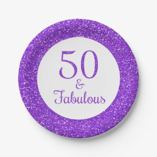 50 & Fabulous Birthday Sparkly Purple Glitter Paper Plate