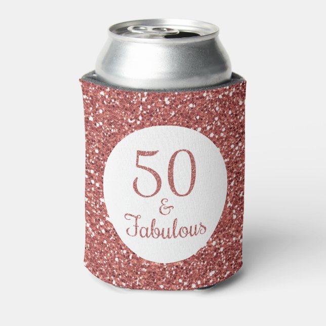 50 & Fabulous Birthday Sparkly Rose Gold Glitter Can Cooler (Can Back)