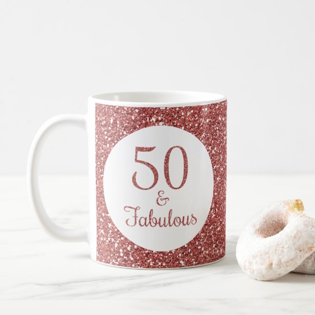 50 & Fabulous Birthday Sparkly Rose Gold Glitter Coffee Mug (With Donut)