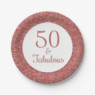 50 & Fabulous Birthday Sparkly Rose Gold Glitter Paper Plate