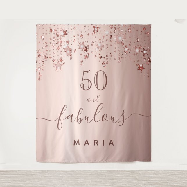50 fabulous birthday stars rose gold sparkle glam tapestry (Front)