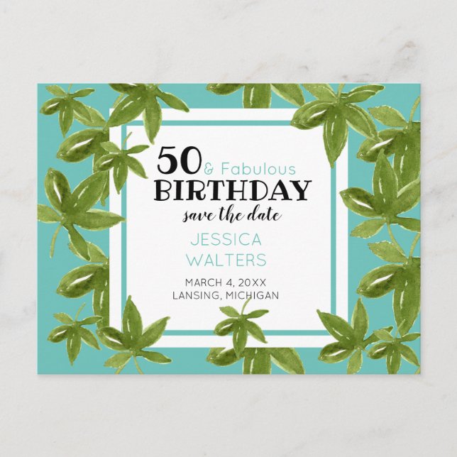 50 & Fabulous Birthday Tropical Save the date Invitation Postcard (Front)