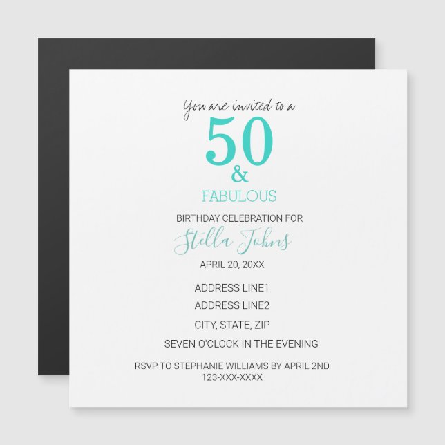 50 & Fabulous Birthday Turquoise White Cute Magnetic Invitation (Front/Back)