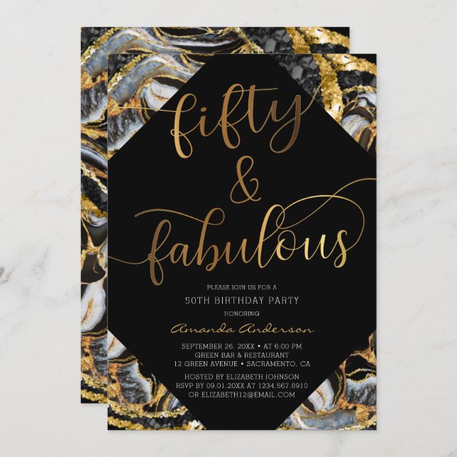 50 & Fabulous Black And Gold 50th Birthday Party Invitation (Front/Back)