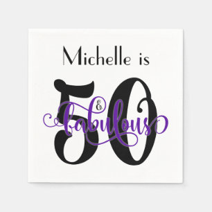 50 & Fabulous Black and Purple Typography Birthday Napkin