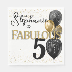 50 & Fabulous Black Gold Glam Birthday Napkin