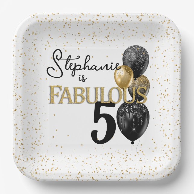 50 & Fabulous Black Gold Glam Square Paper Plate (Front)