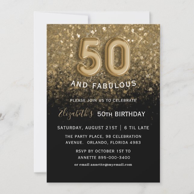 50 & Fabulous Black & Gold Glitter Birthday Invitation (Front)