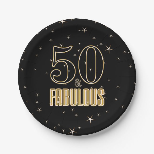 50 & Fabulous Black Gold Typography 50th Birthday Paper Plate (Front)
