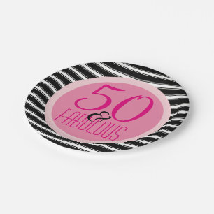 50 Fabulous Black Hot Pink Woman's 50th Birthday Paper Plate