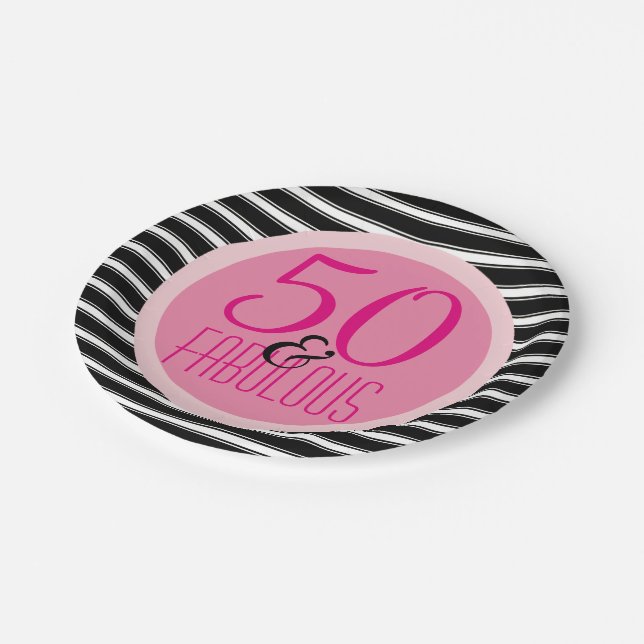 50 Fabulous Black Hot Pink | Woman's 50th Birthday Paper Plate (Angled)