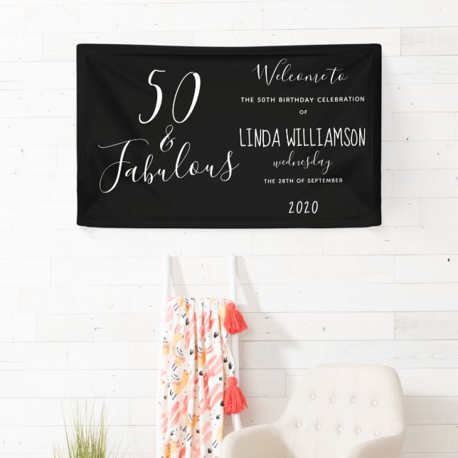 50 & Fabulous Black Modern Birthday Banner (Insitu)