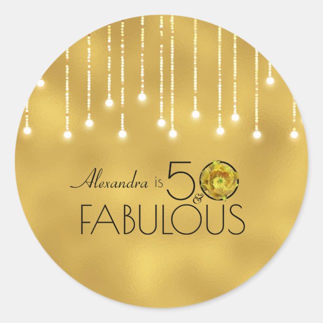 50 & Fabulous Black On Gold Yellow Cactus Flower Classic Round Sticker (Front)