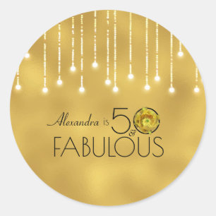 50 & Fabulous Black On Gold Yellow Cactus Flower Classic Round Sticker