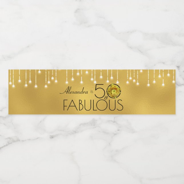 50 & Fabulous Black On Gold Yellow Cactus Flower Water Bottle Label (Single Label)