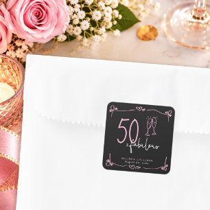 50 & Fabulous Black Pink Hand Drawn Heart Birthday Square Sticker