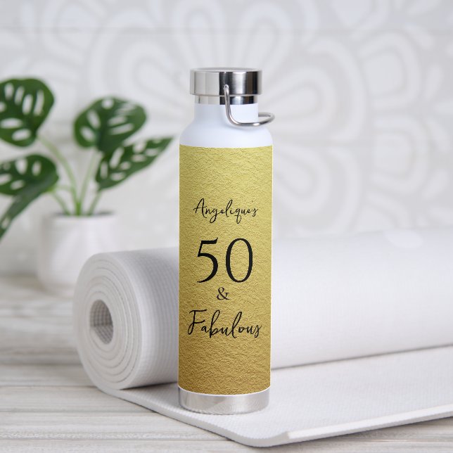 50 & Fabulous Black Script Faux Gold Foil Texture Water Bottle (Yoga)