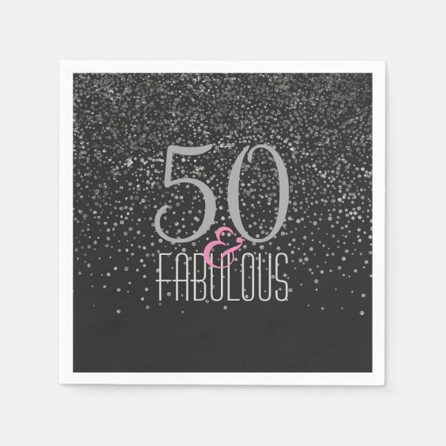 50 & Fabulous Black Silver | Elegant 50th Birthday Napkin (Front)