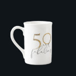 50 & Fabulous Black White & Gold 50th Birthday Bone China Mug<br><div class="desc">"50 and Fabulous, " a black,  white and faux gold foil design in hand lettered script typography. Copyright Elegant Invites,  all rights reserved.</div>