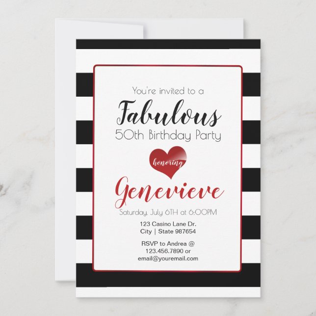 50 & Fabulous | Black & White Stripes Birthday Invitation (Front)