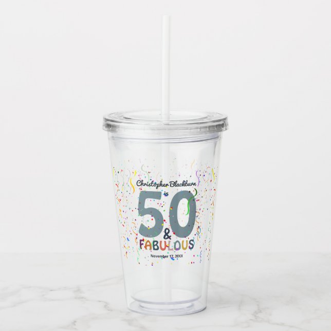 50 & Fabulous Blue Cute Fiftieth Birthday Party Acrylic Tumbler (Front)