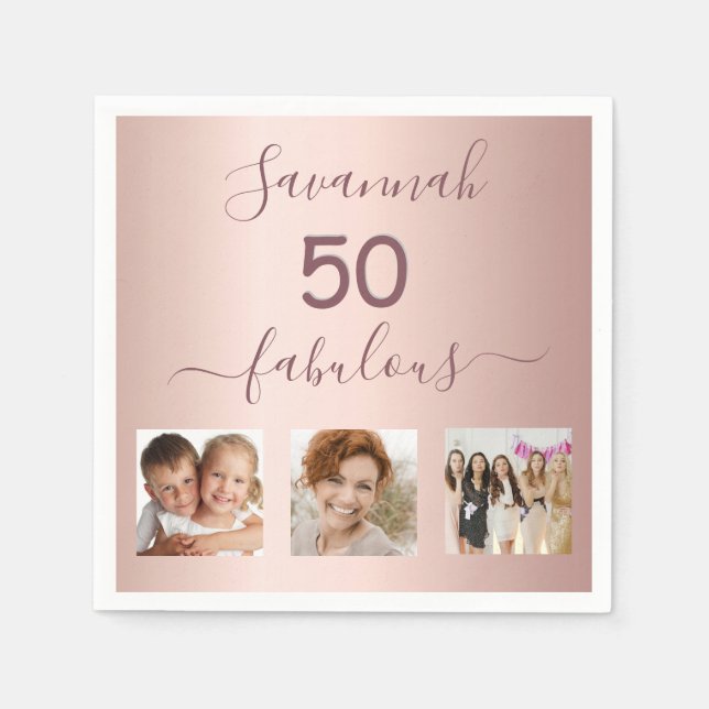 50 fabulous blush rose gold photo birthday party napkin (Front)