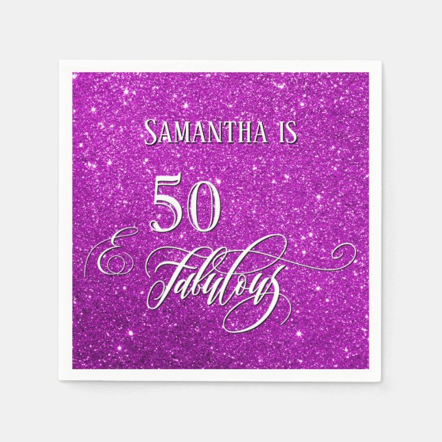 50 & Fabulous Calligraphy on Dark Pink Glitter Napkin (Front)