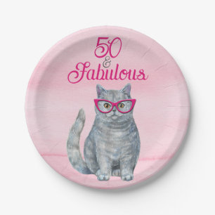 50 & Fabulous Cat, Pink and Gray, 50th Birthday Na Paper Plate