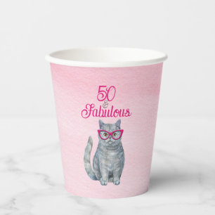 50 & Fabulous Cat, Pink and Gray, 50th Birthday Paper Cups