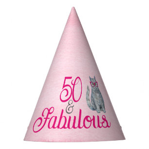 50 & Fabulous Cat, Pink and Gray, 50th Birthday Wi Party Hat