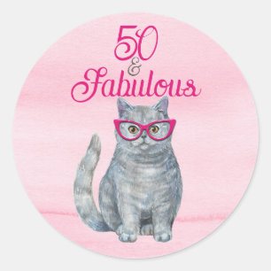 50 & Fabulous Cat, Pink and Grey, 50th Birthday Classic Round Sticker