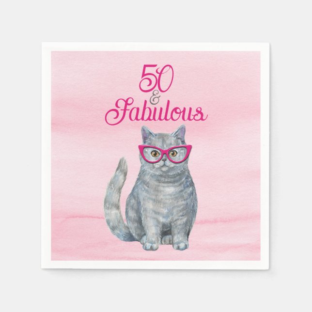 50 & Fabulous Cat, Pink and Grey, 50th Birthday Napkin (Front)