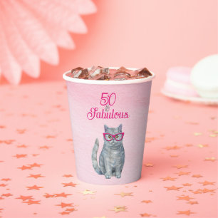 50 & Fabulous Cat, Pink and Grey, 50th Birthday Paper Cups