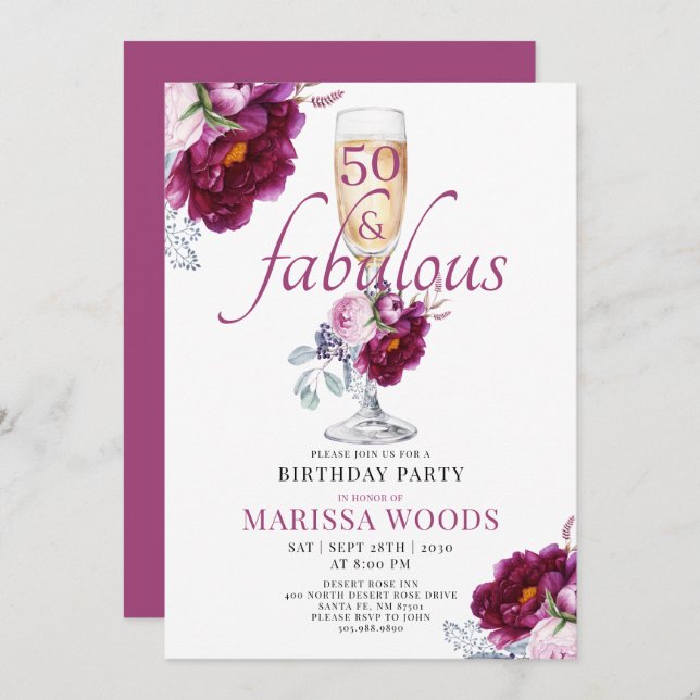 50 Fabulous Champagne Floral Birthday Invitation (Front/Back)
