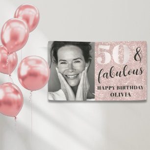50 & Fabulous Chic Pink Glitter & Photo Birthday Banner