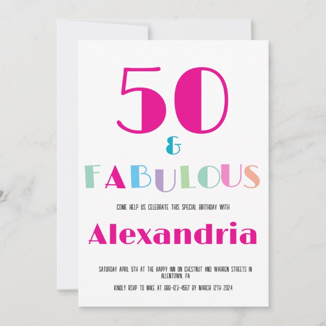 50 & Fabulous Colourful Modern Birthday Invitation (Front)