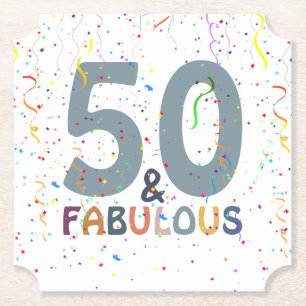 50 & Fabulous Cute Confetti Blue Trendy Typography Paper Coaster