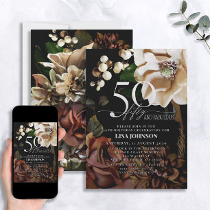 50 & Fabulous Dark Moody Neutral Magnolia Floral Invitation
