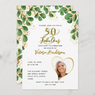 50 & Fabulous Elegant Greenery Photo Birthday Invitation