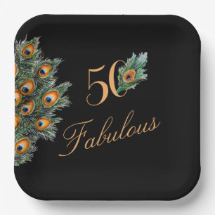 50 & Fabulous Elegant Peacock Feathers Birthday Paper Plate