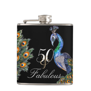 50 & Fabulous Elegant Watercolor Peacock Birthday Hip Flask