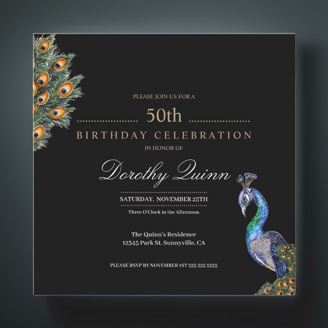 50 & Fabulous Elegant Watercolor Peacock Birthday Invitation (Creator Uploaded)