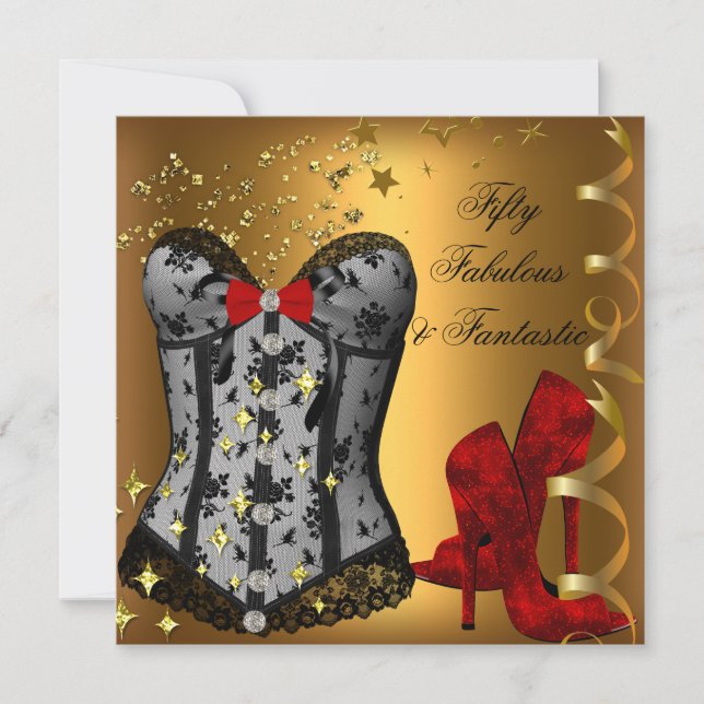50 & Fabulous Fantastic Red Black Gold Birthday Invitation (Front)