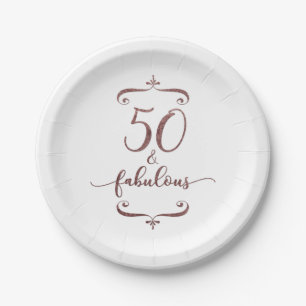 "50 & Fabulous" Faux Rose Gold Glitter Birthday Paper Plate