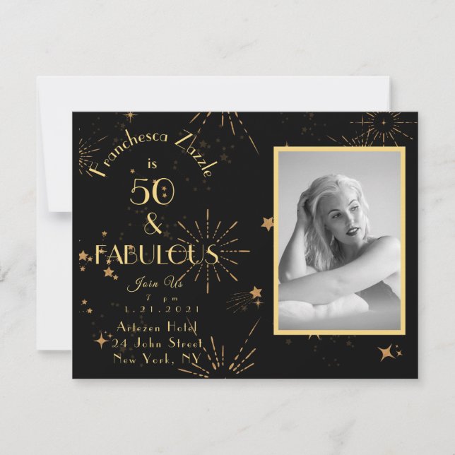 50 Fabulous fireworks gold black Invitation (Front)