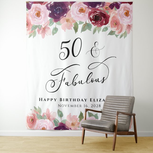50 Fabulous Floral Watercolor Birthday Party Tapestry (In Situ)