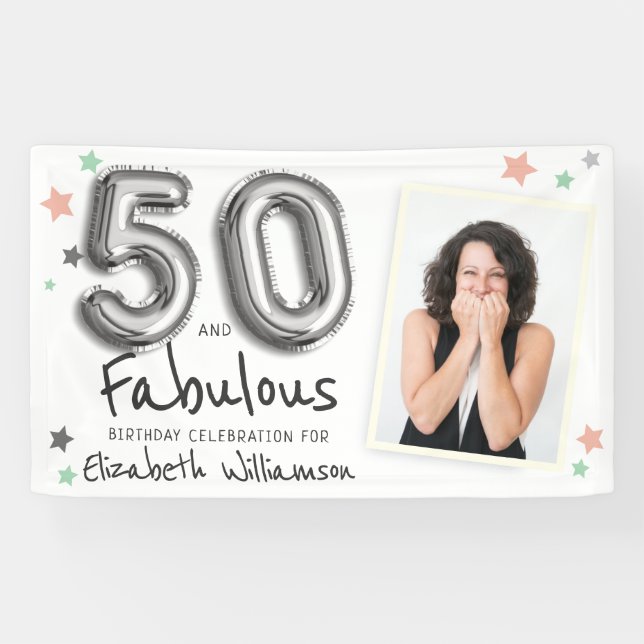 50 & Fabulous Foil Balloon Stars Photo Birthday Banner (Horizontal)