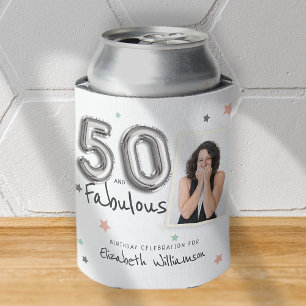 50 & Fabulous Foil Balloon Stars Photo Birthday Can Cooler