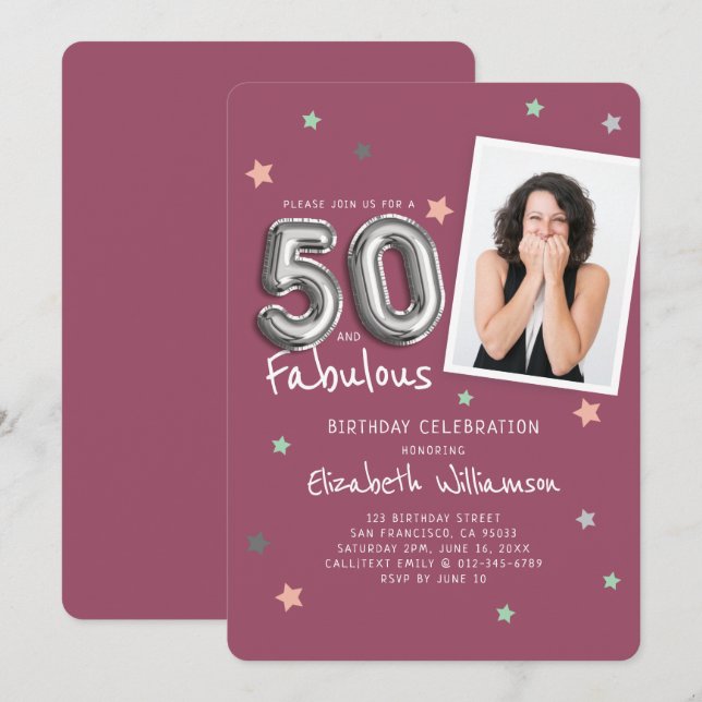 50 & Fabulous Foil Balloon Stars Photo Birthday Invitation (Front/Back)