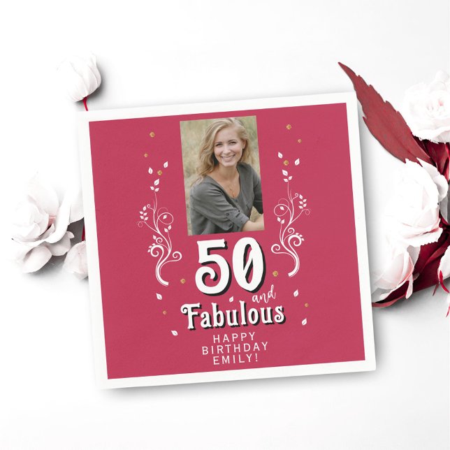 50 & Fabulous Foliage Magenta 50th Birthday Photo Napkin (Creator Uploaded)